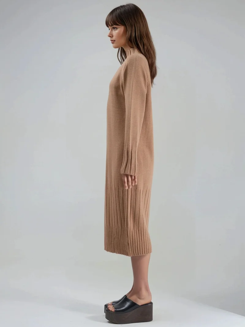 MY FASHION Camel Brown MY FASHION Half Turtleneck Midi Knitwear Dress for Women | Best Price UAE